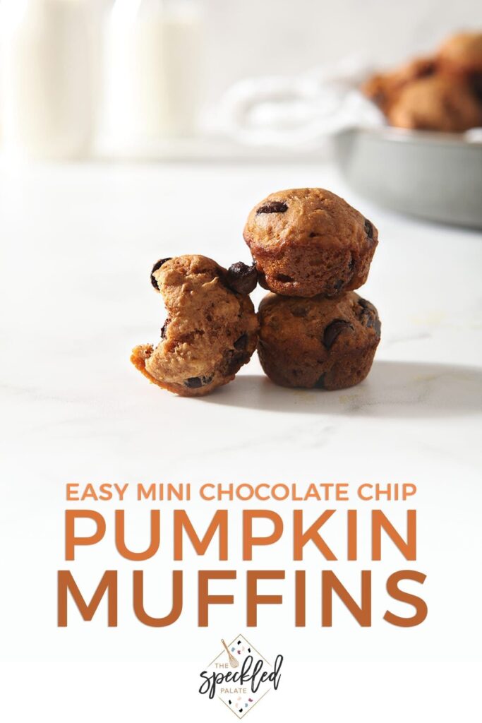 One mini pumpkin muffin with a bite taken out of it sits next to two stacked ones with the text 'easy mini chocolate chip pumpkin muffins'