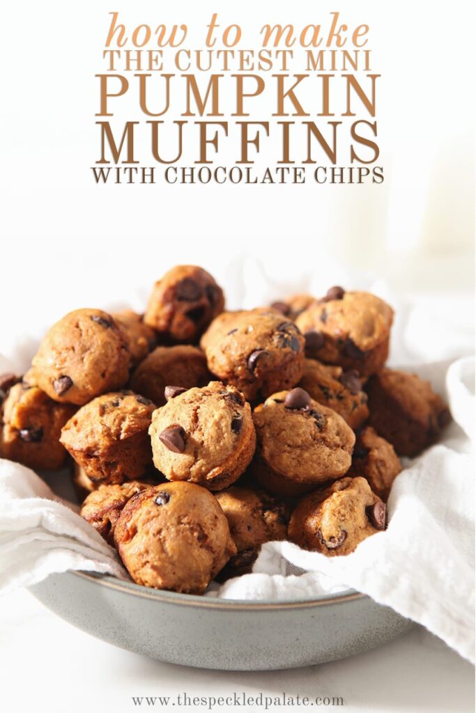 A bowl holding mini pumpkin muffins with the text 'how to make the cutest mini pumpkin muffins with chocolate chips'