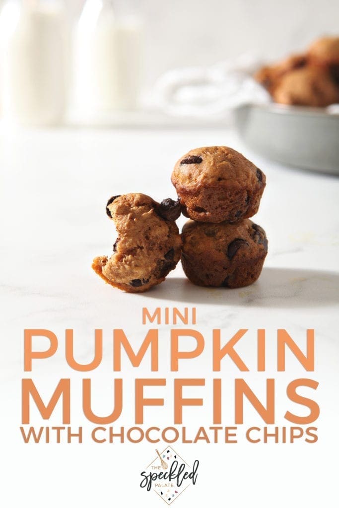 Pinterest graphic for Mini Pumpkin Muffins, featuring several muffins stacked