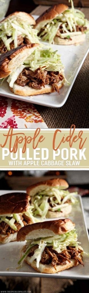 Collage of two images showing pulled pork sandwiches with apple slaw with the text apple cider pulled pork with apple coleslaw