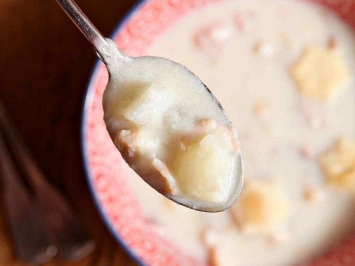 Overhead shot of spoonful of Clam Chowder