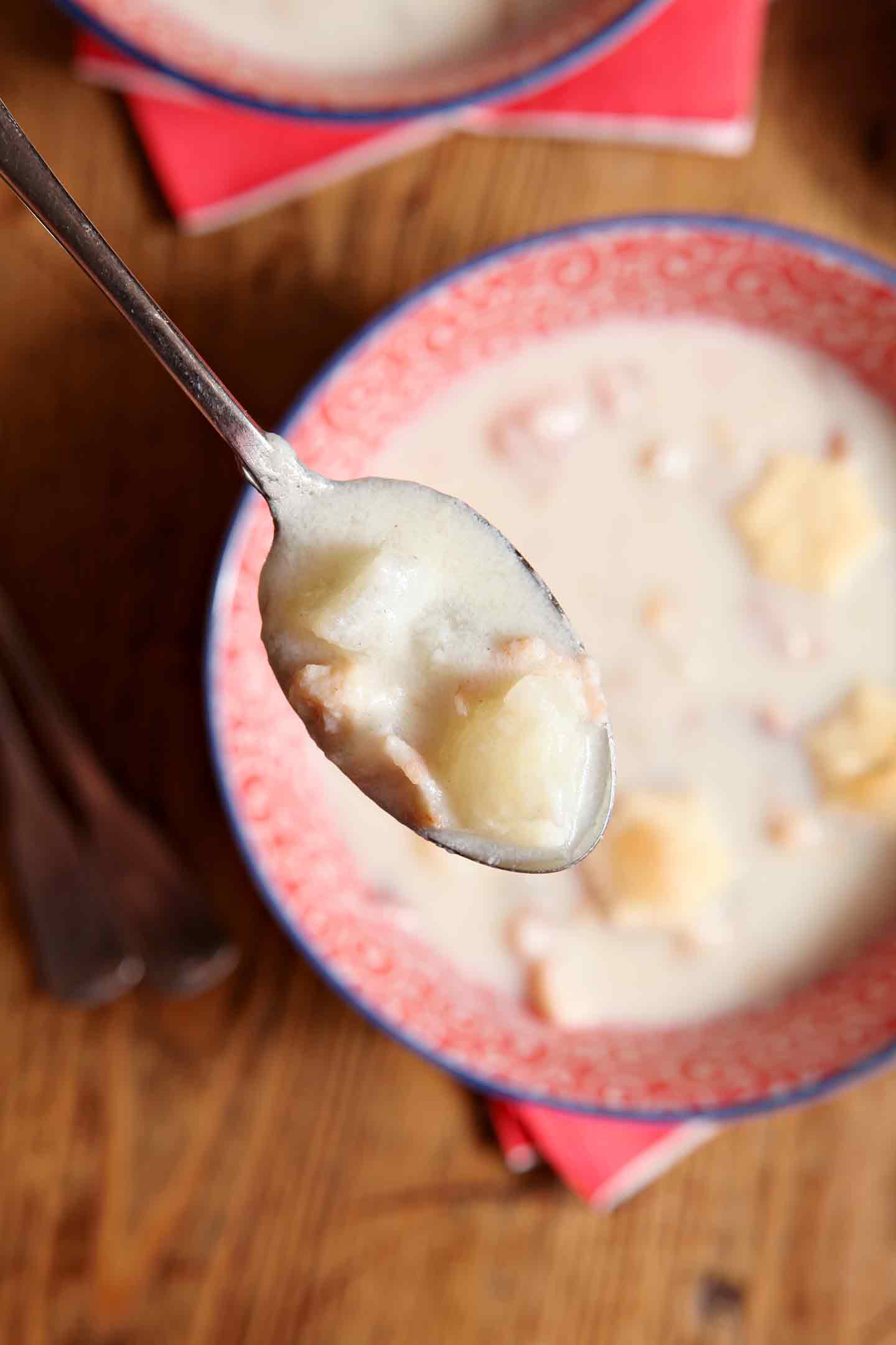 Overhead shot of spoonful of Clam Chowder 