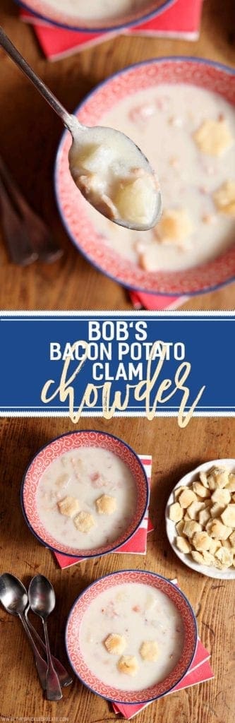 Overhead shot of bowls of Bacon Potato Clam Chowder on wood table