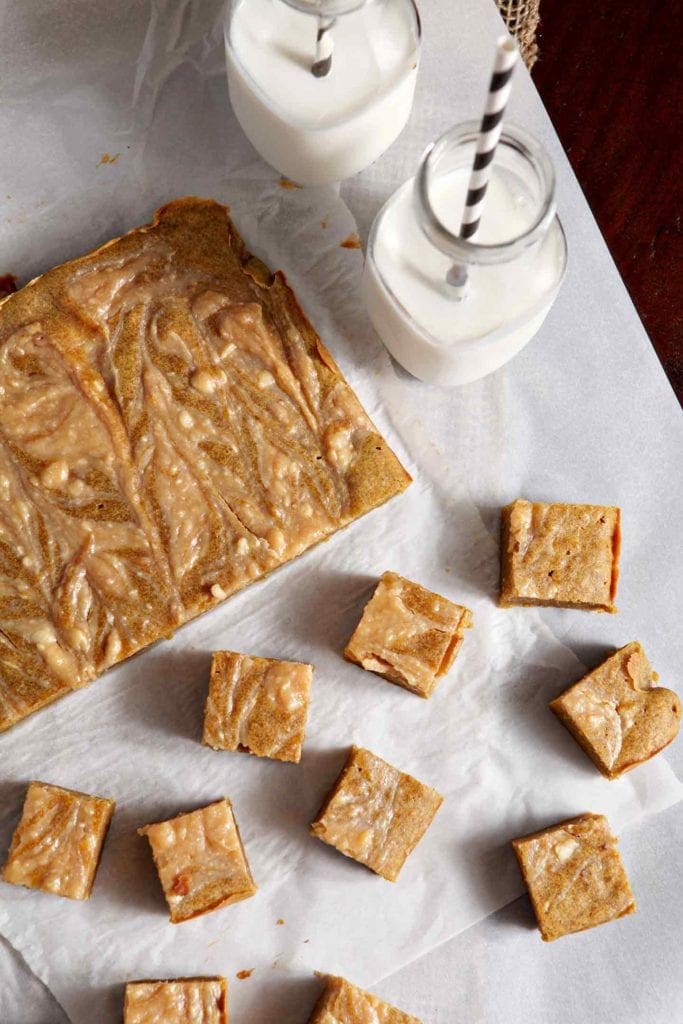 Overhead of Pumpkin Blondies with a Cream Cheese Caramel Swirl