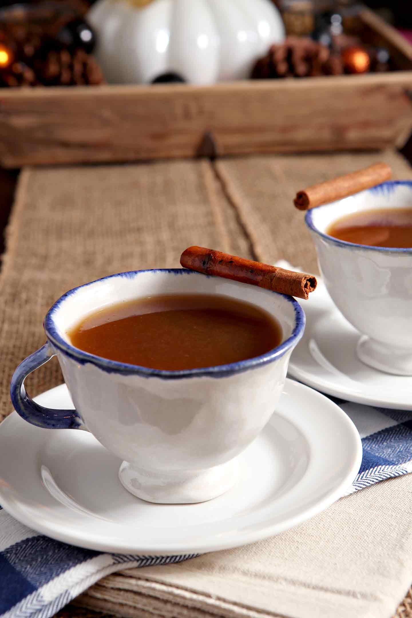 Spiced Apple Cider in white cup with cinnamon stick garnish 