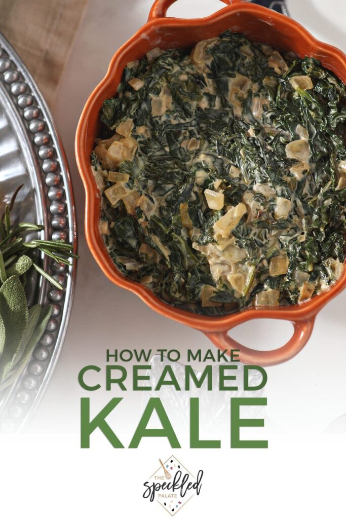 Close up of a pumpkin-shaped orange dish holding Creamed Kale on a holiday table with the text 'how to make creamed kale'