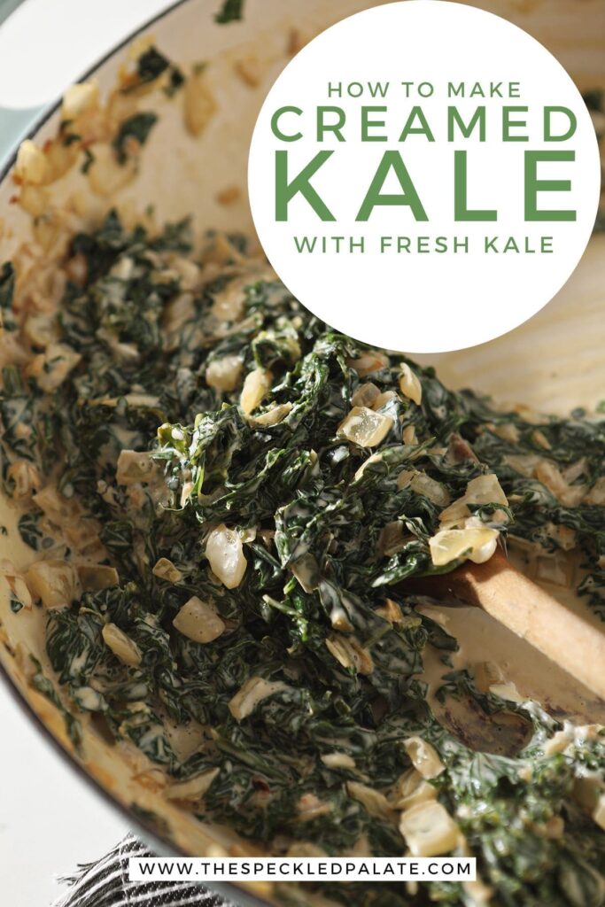 The creamy kale in a pan, after stirring the cream cheese into the mixture with the text 'how to make creamed kale with fresh kale'