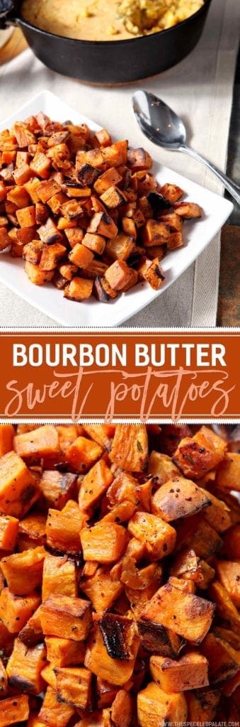 Be still, my bourbon, butter, and sweet potato loving heart! Bourbon Butter Sweet Potatoes make a DELICIOUS, flavorful side for the Thanksgiving table this year and are SO simple to make! Cube sweet potatoes, then douse in a mixture of butter and bourbon, season with fresh thyme, salt and pepper, and bake for 45 minutes. Broil the potatoes to add a nice crunch, then serve warm. This bourbon-y, buttery side dish is holiday meal perfection.