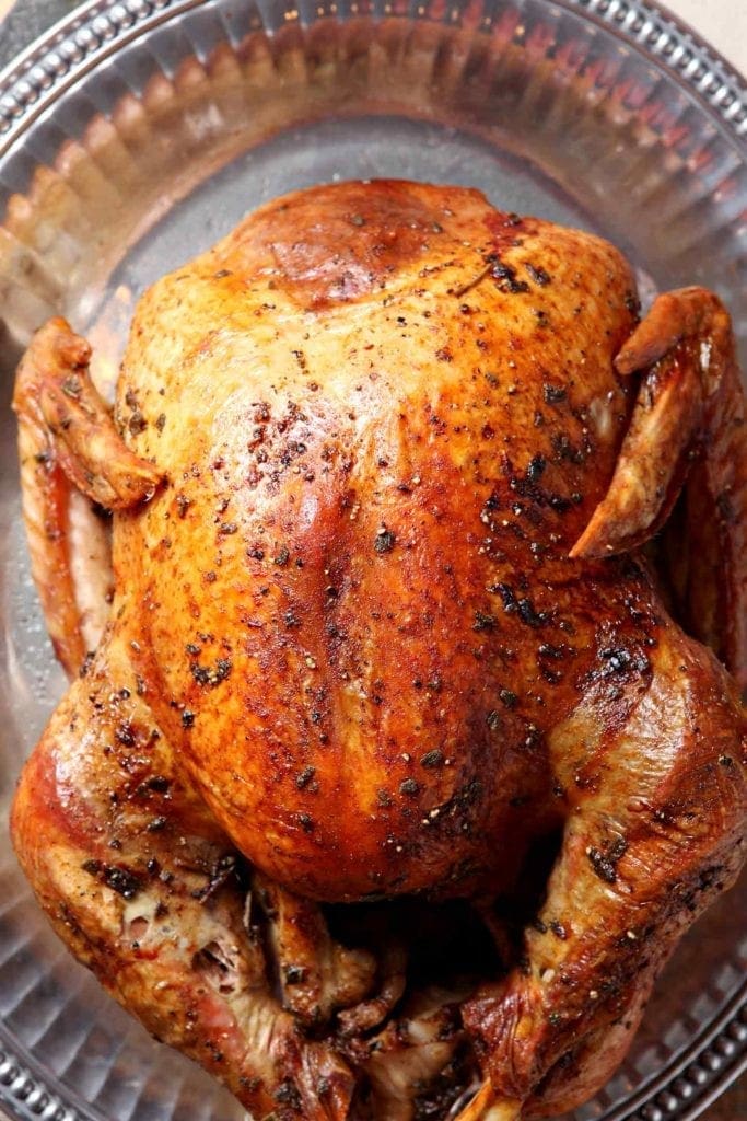 Close up of the roasted turkey from above