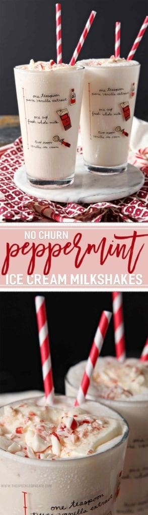 Get in the holiday spirit by whipping up No Churn Peppermint Ice Cream Milkshake! You don't need an ice cream maker for this recipe. Whip heavy whipping cream, then add sweetened condensed milk, pure peppermint extract and candy cane pieces. Stir gently until combined, then freeze. When it's time to make the milkshake, scoop the ice cream into a blender, and mix with milk. A smooth, pepperminty shake is the BEST holiday dessert! #spon