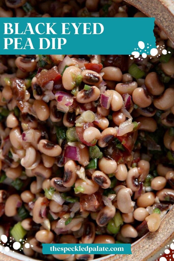 Overhead close up of Black Eyed Pea Dip in a bowl with the text Black Eyed Pea Dip