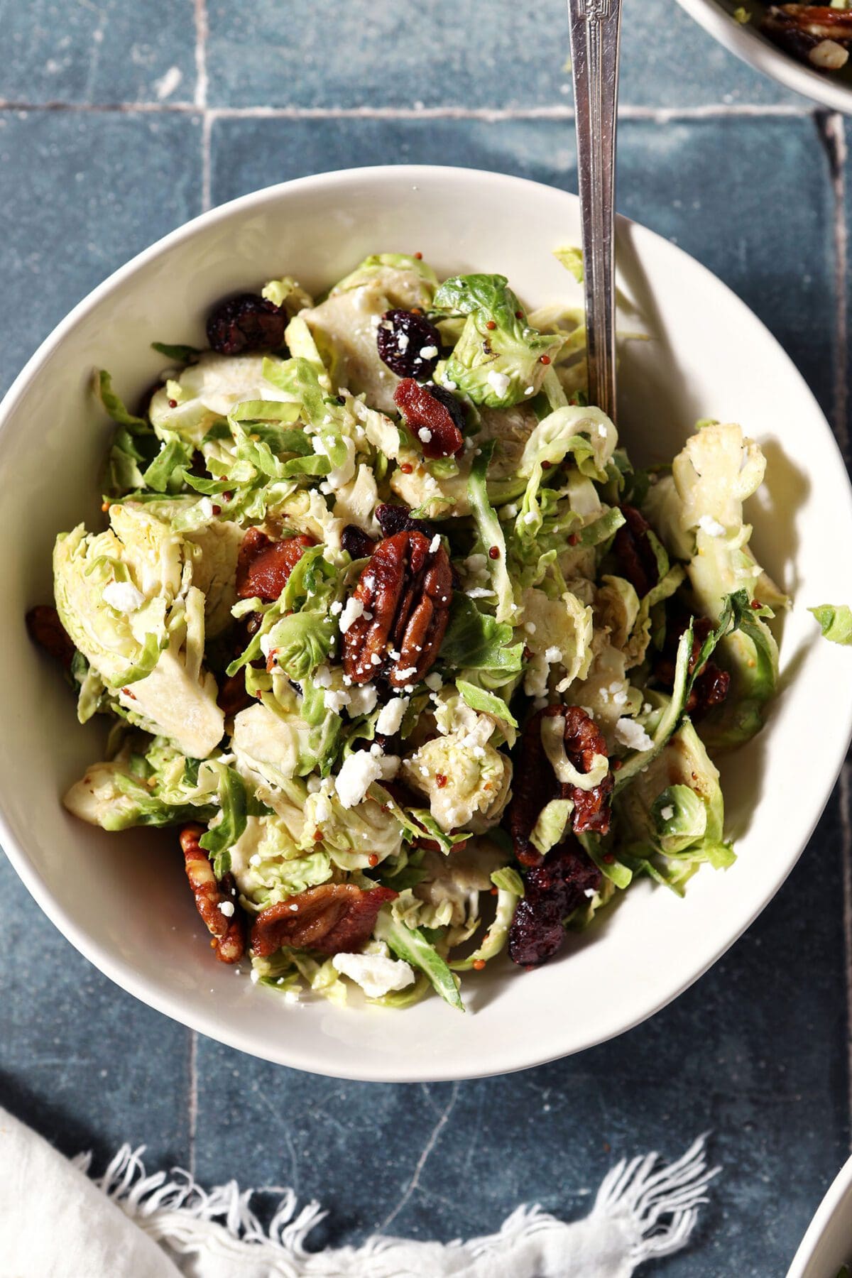 Cranberry Feta Brussels Sprout Salad with Candied Pecans and Warm Bacon Vinaigrette