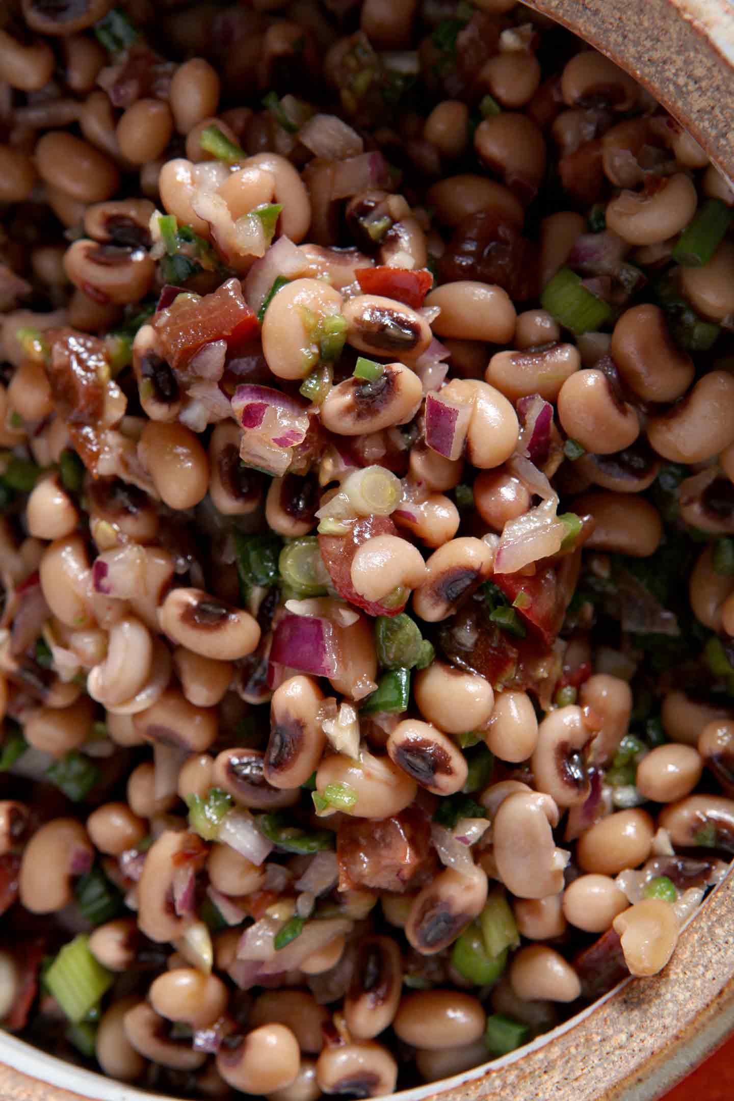 Overhead close up of Black Eyed Pea Dip in a bowl 