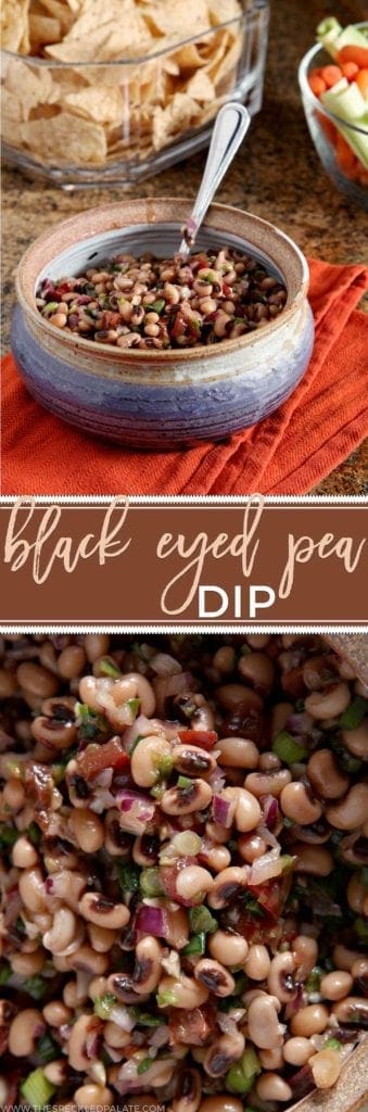 collage of two images showing black eyed pea dip in a bowl with chips with the text black eyed pea dip