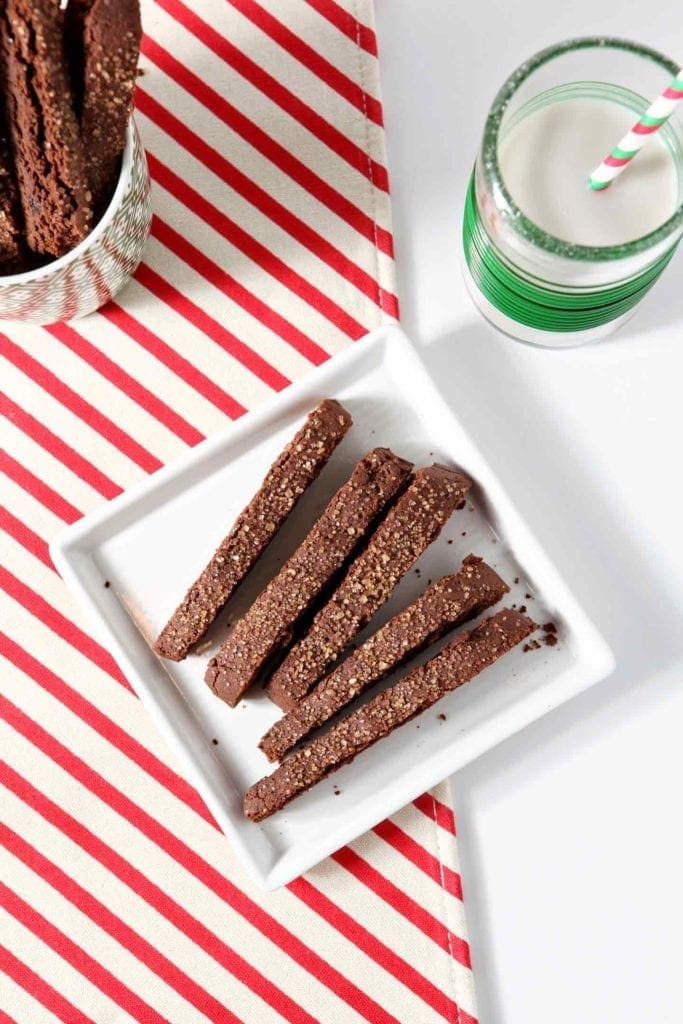 chocolate gingerbread biscotti on a white plate