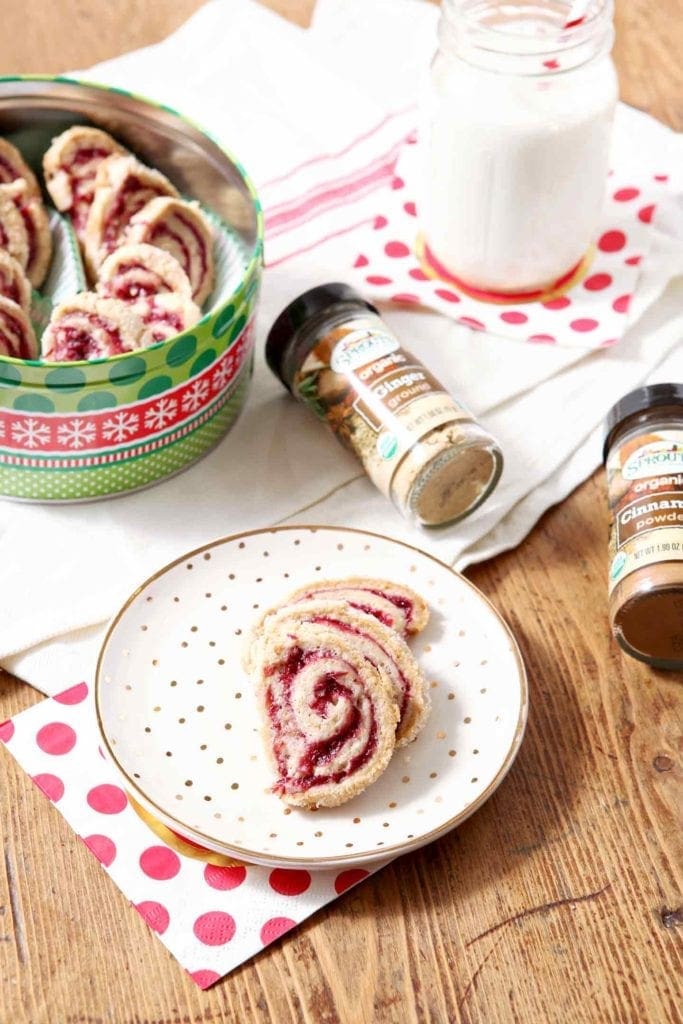 cranberry pinwheel cookies on a white plate