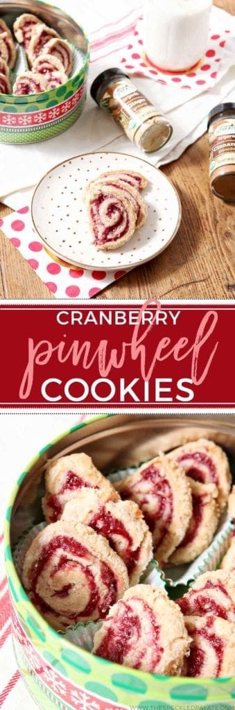 Cranberry Pinwheel Cookies on white plate and in holiday tin