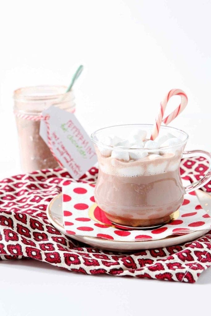 glass mug of hot cocoa with a candy cane and mini marshmallows 