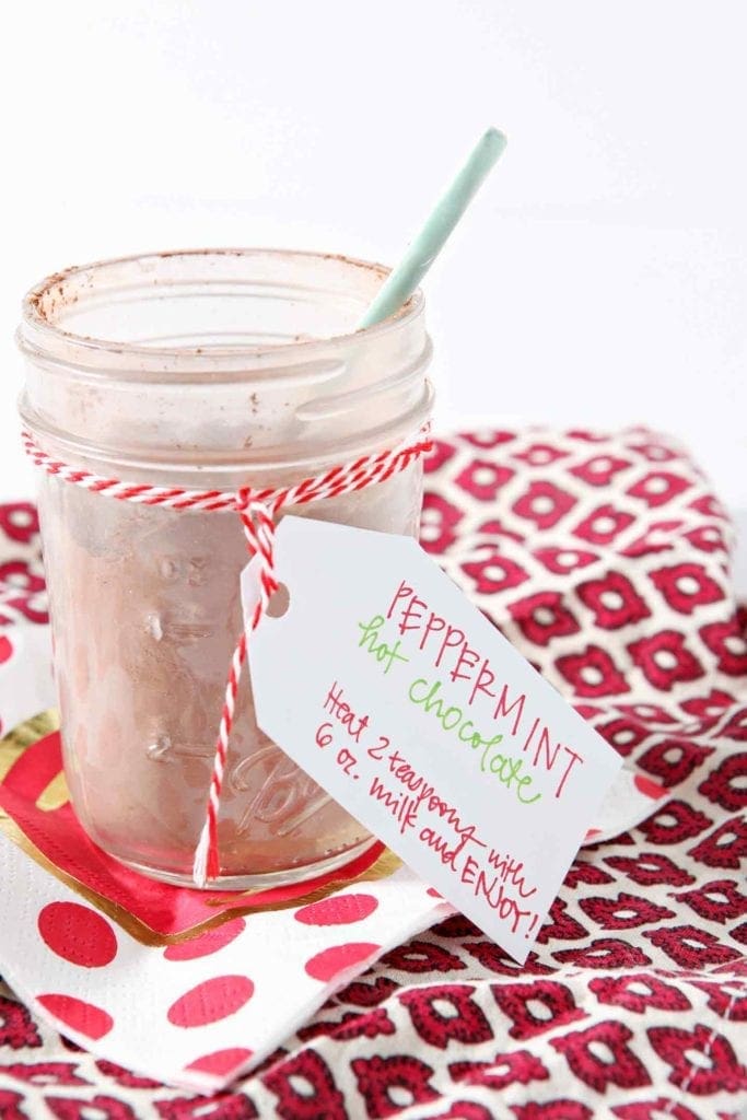 Peppermint Hot Chocolate in mason jar with straw