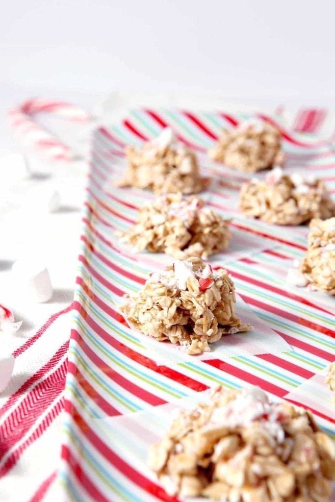 no bake peppermint bark cookies on a striped tray