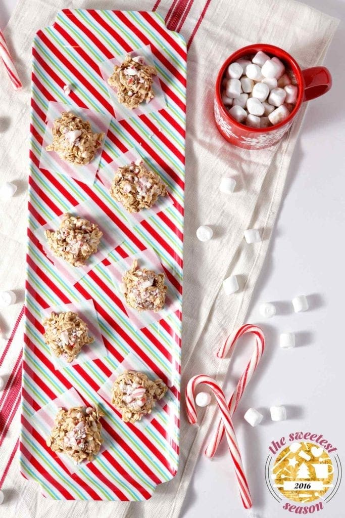 no bake peppermint bark cookies on a striped tray