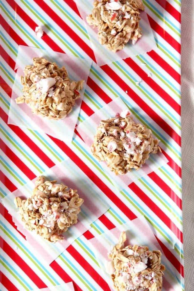 no bake peppermint bark cookies close up on a striped tray