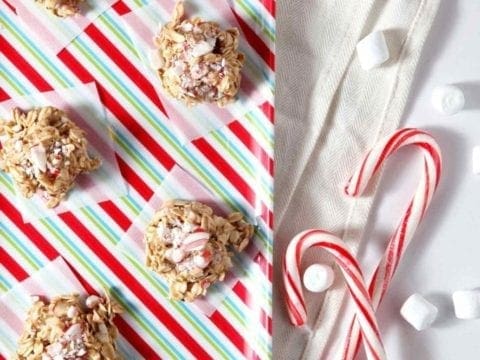 no bake peppermint bark cookies on a striped tray