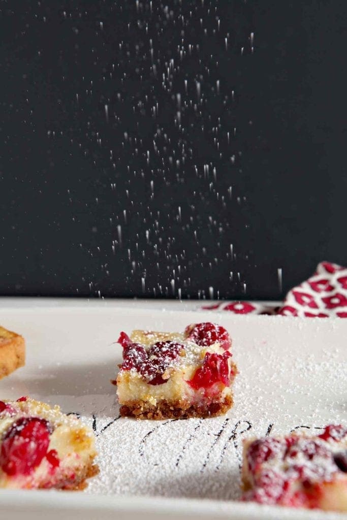 Powdered sugar sprinkled over cranberry orange bar 