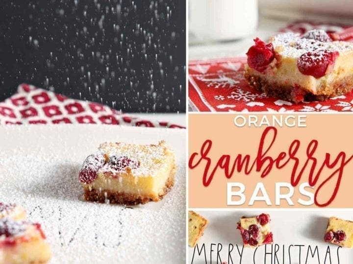 Dairy free Cranberry Orange Bars make a scrumptious seasonal dessert! A twist on the classic Lemon Bar, this sweet start with a crunchy homemade Graham cracker crust. Drizzle silky orange filling on top of the pre-baked crust, then sprinkle on fresh cranberries before baking. When these Cranberry Orange Bars come out of the oven, let cool, then dust with powdered sugar for the finishing touch. What a festive Christmas treat for the whole family! #sweetestseasoncookies