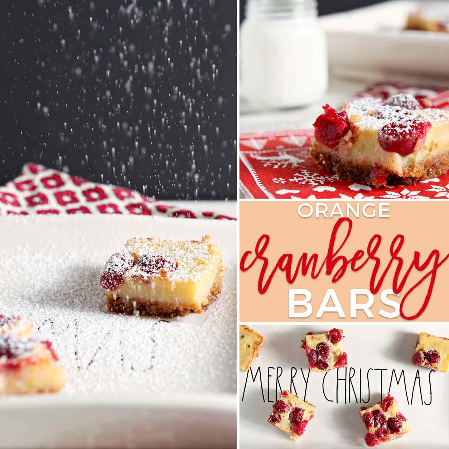 Dairy free Cranberry Orange Bars make a scrumptious seasonal dessert! A twist on the classic Lemon Bar, this sweet start with a crunchy homemade Graham cracker crust. Drizzle silky orange filling on top of the pre-baked crust, then sprinkle on fresh cranberries before baking. When these Cranberry Orange Bars come out of the oven, let cool, then dust with powdered sugar for the finishing touch. What a festive Christmas treat for the whole family! #sweetestseasoncookies