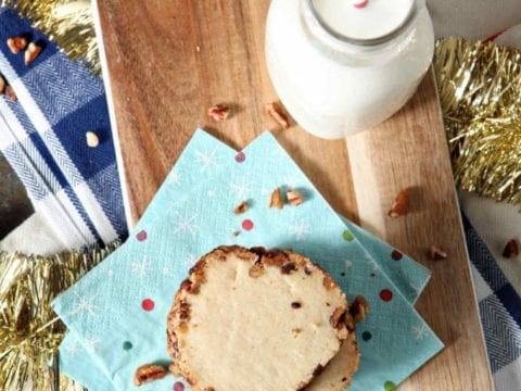 toasted pecan shortbread cookies on a blue napkin