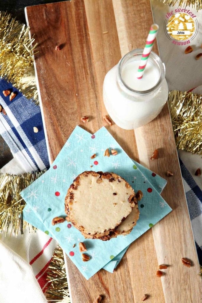 toasted pecan shortbread cookies on a blue napkin