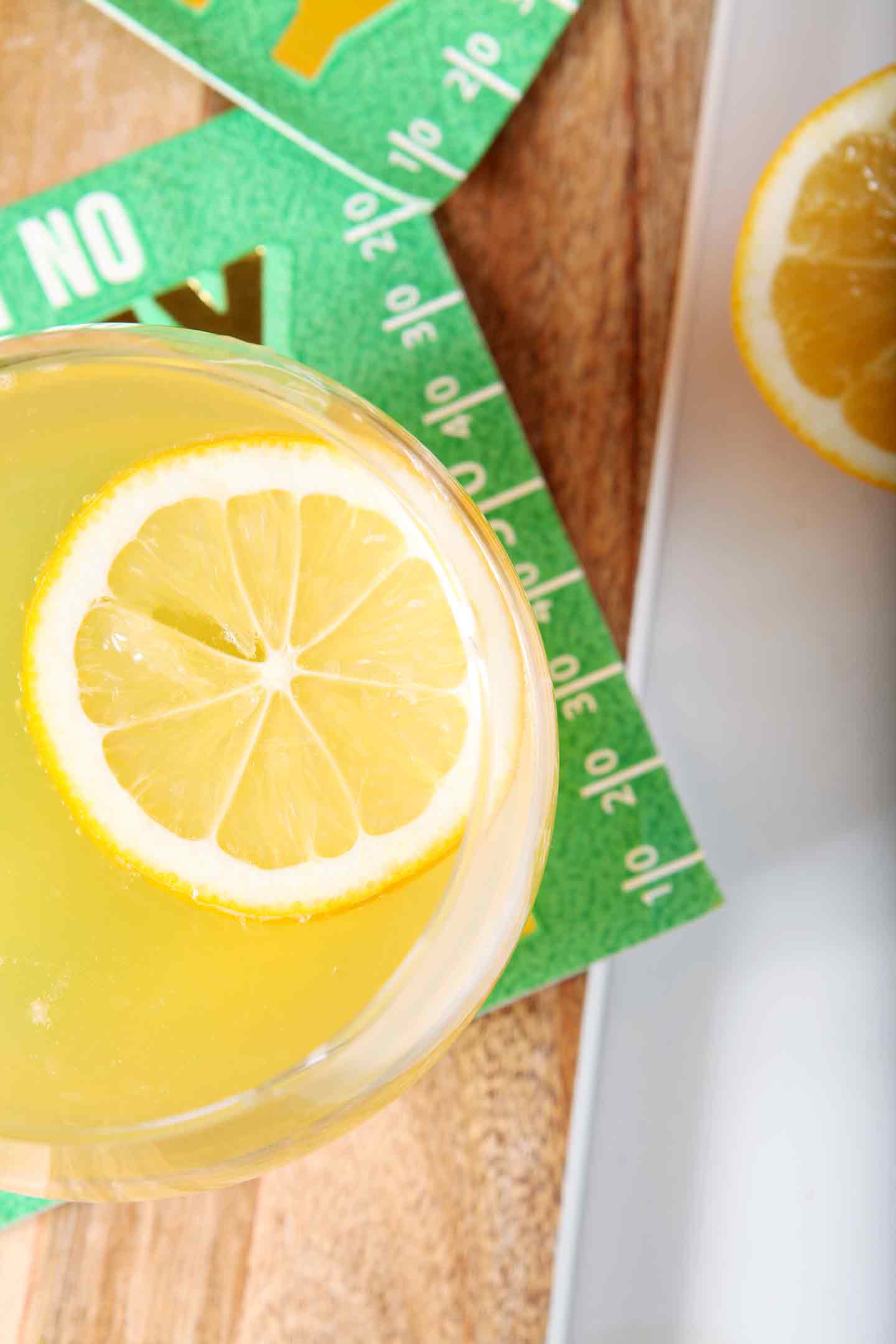 Lemon slice on top of lemon shandy 