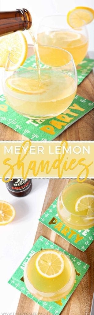 Meyer lemon shandies garnished with lemon slices 