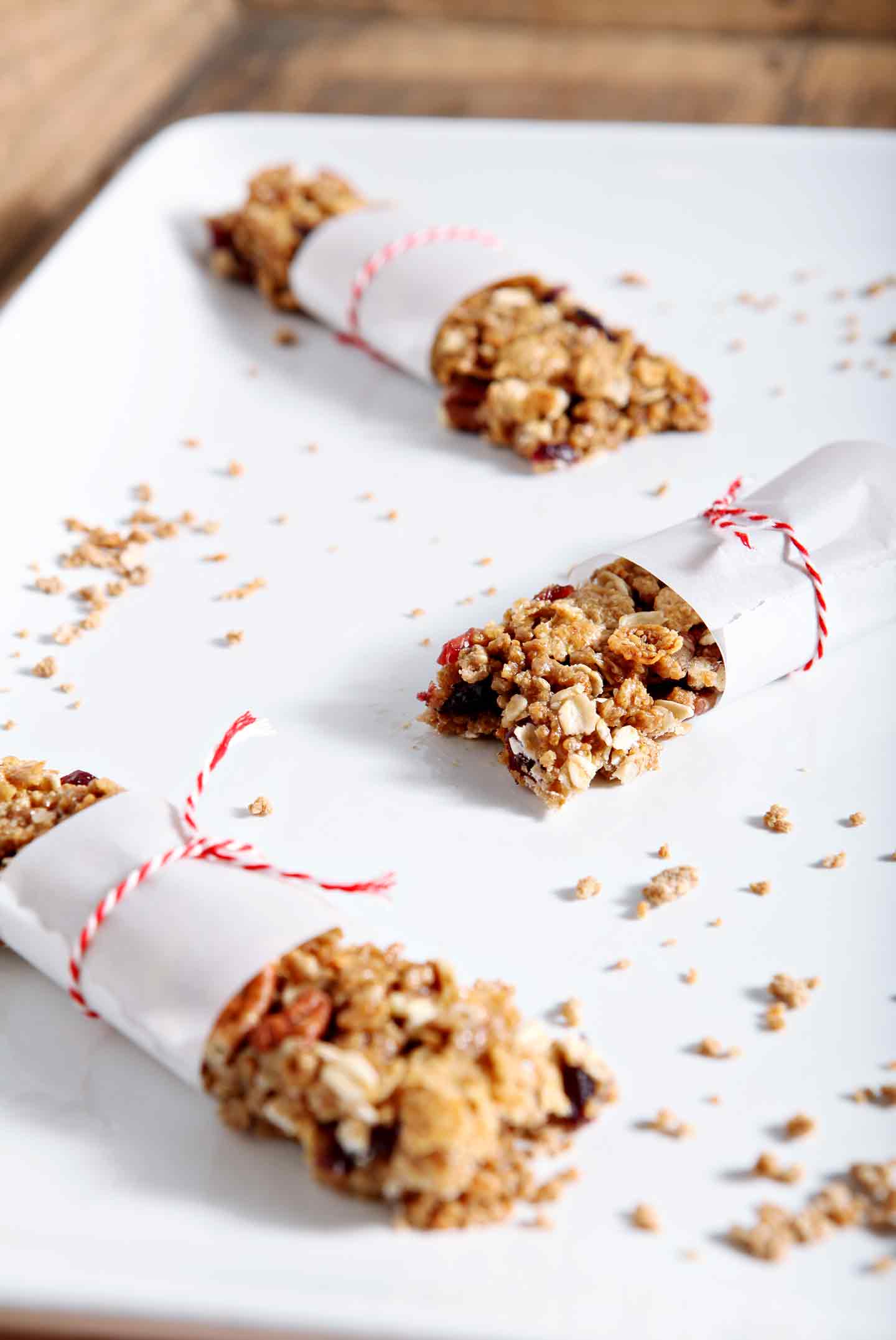 Granola bars on white plate 