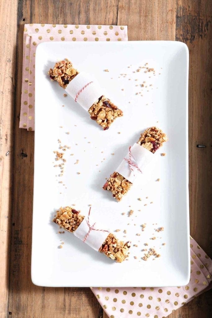 Overhead picture of granola bars on white plate