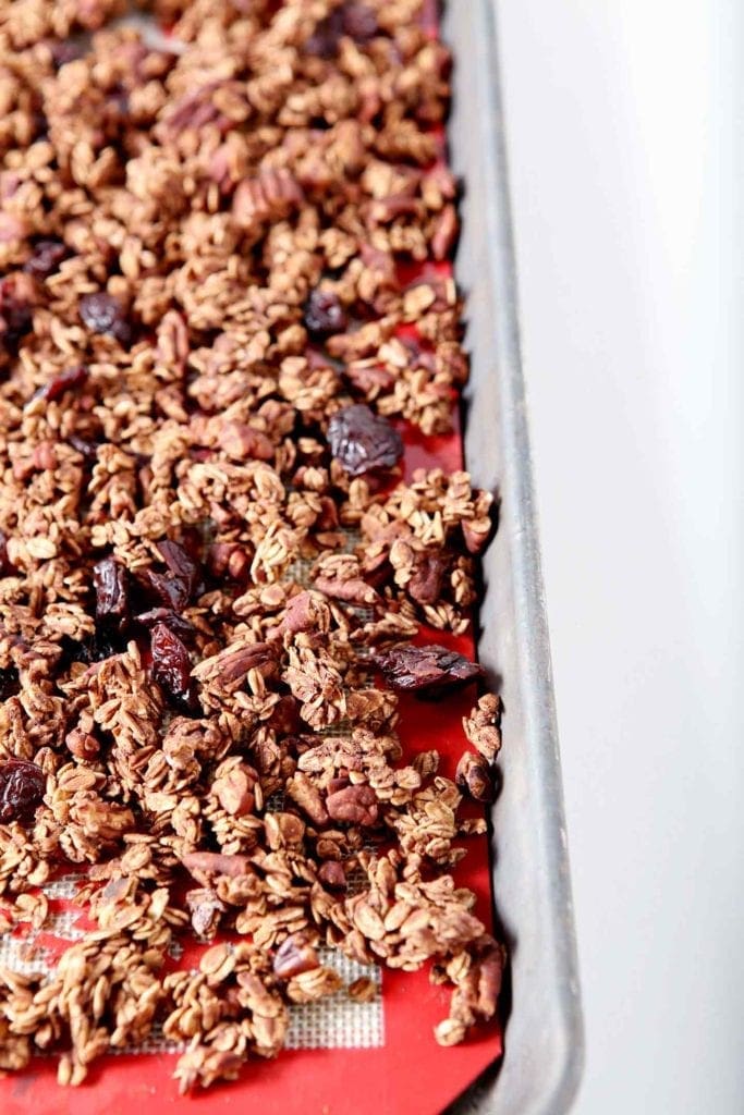 dark chocolate cherry granola in a baking sheet