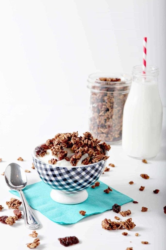 dark chocolate granola in a bowl with yogurt