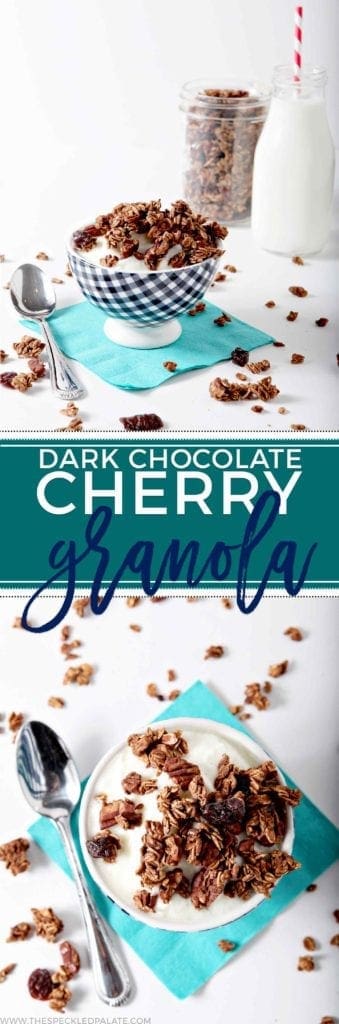 Bowl of Dark Chocolate Cherry Granola on top of yogurt 