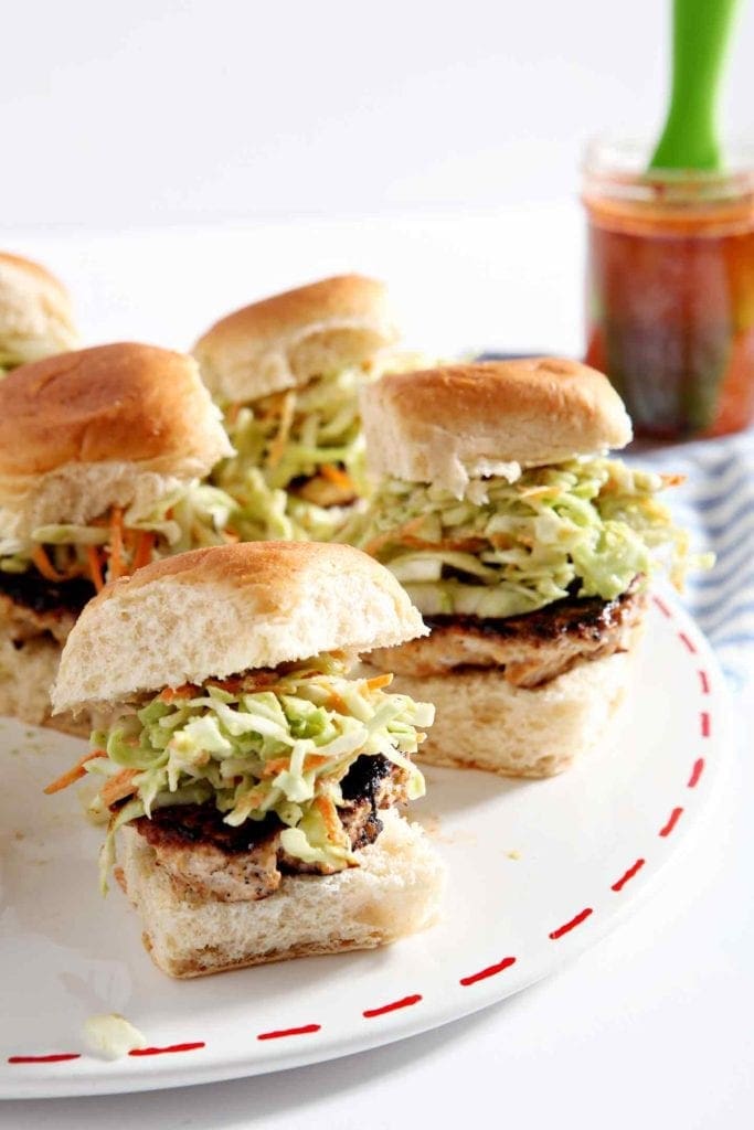 BBQ Chicken Burger Bites with slaw on a white plate