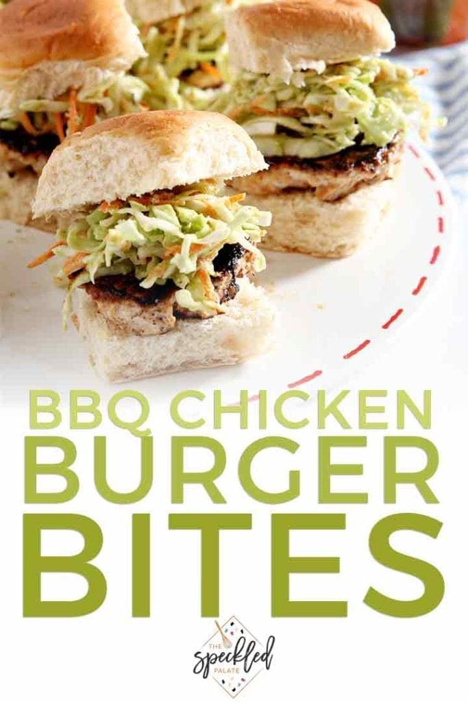 Close up of a platter holding BBQ Chicken Burger Bites, with Pinterest text