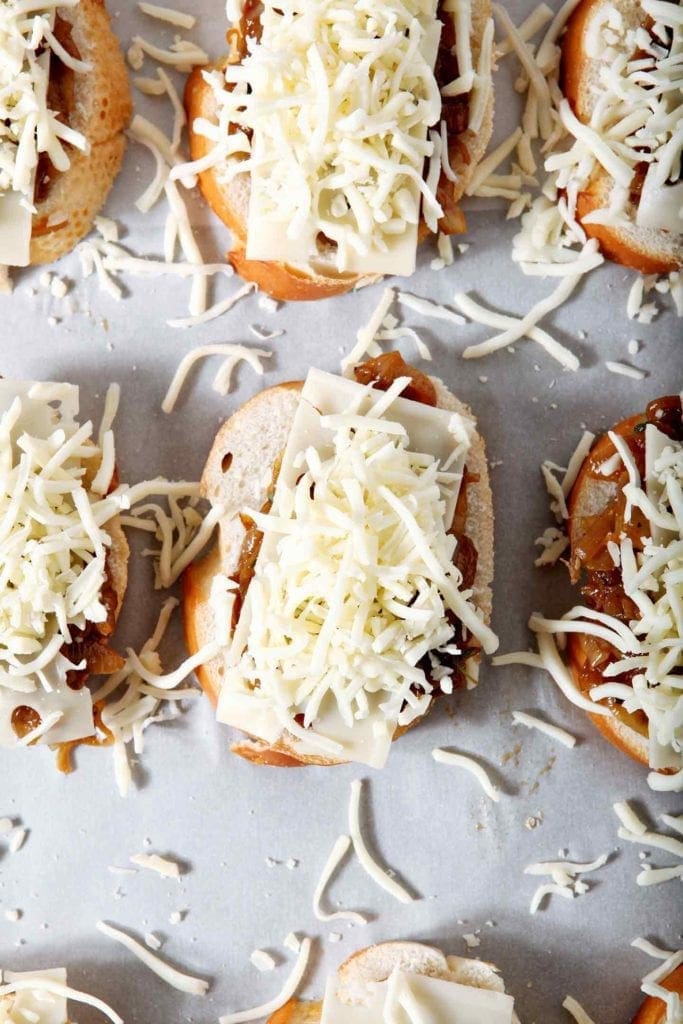 Overhead shot of cheese on bruschetta 