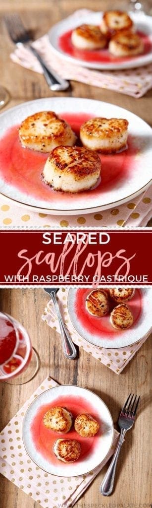 Collage of two images showing pan seared scallops on white plates with raspberry gastrique