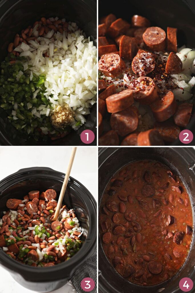 A collage of four images shows how to put together slow cooker red beans