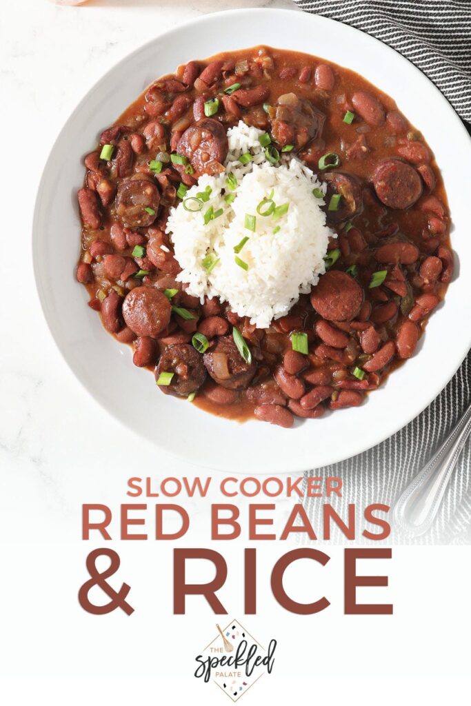 A bowl of Slow Cooker Red Beans and Rice with the text 'slow cooker red beans & rice'