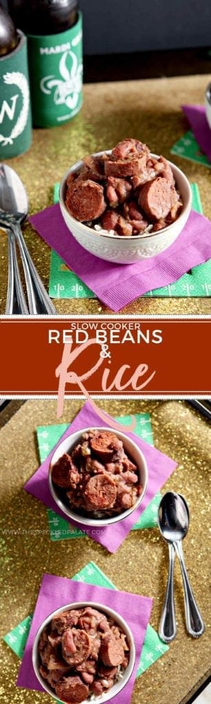 A collage of two images showing bowls of beans with the text 'slow cooker red beans and rice'