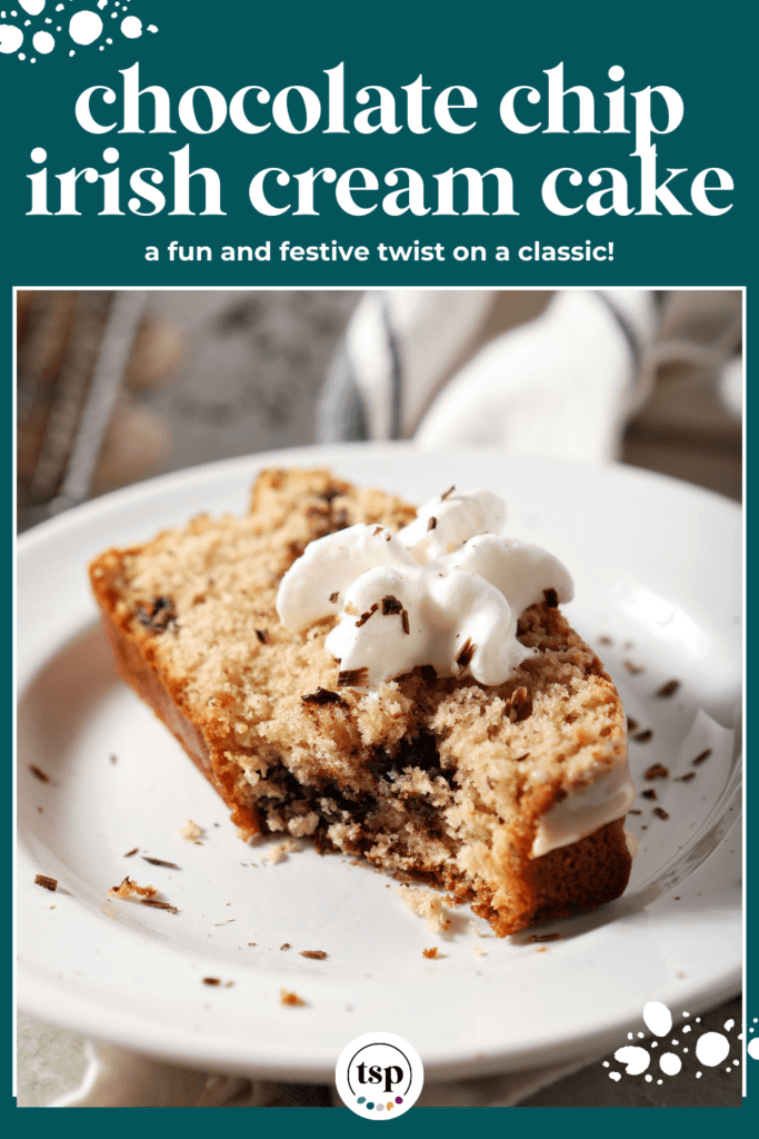 A fork cuts into a slice of chocolate chip loaf cake on a white plate with the text chocolate chip irish cream cake a fun and festive twist on a classic