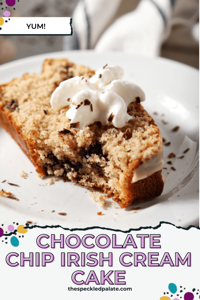 A fork cuts into a slice of chocolate chip loaf cake on a white plate with the text chocolate chip irish cream cake