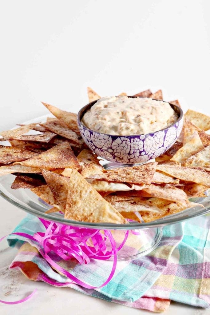 carrot cake dip in a bowl with wonton chips