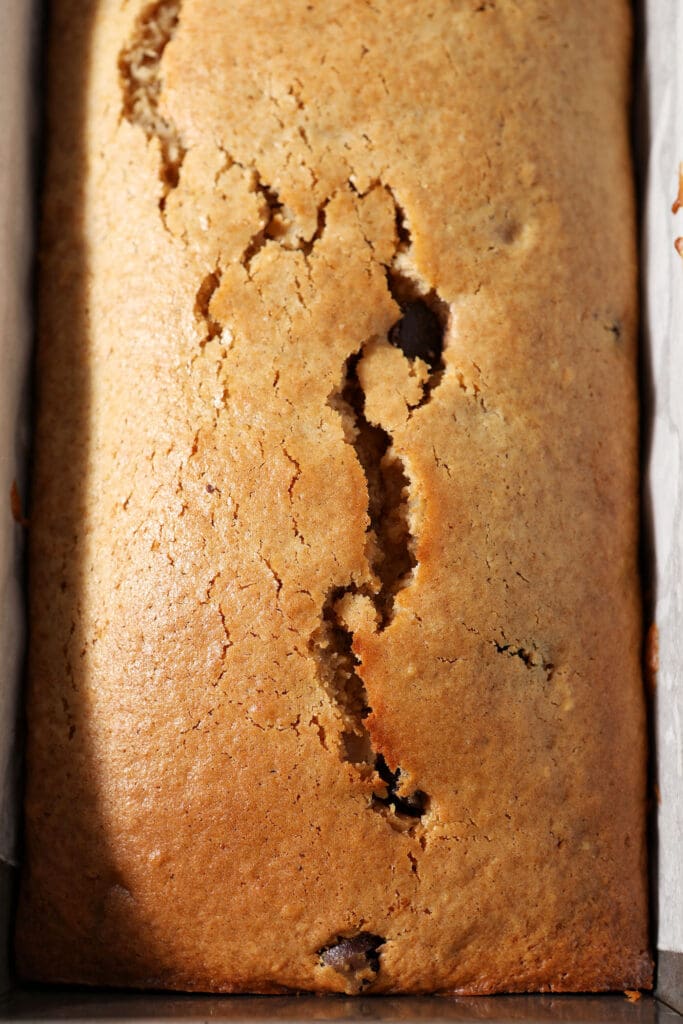 Close up of a baked Irish cream cake in a loaf pan